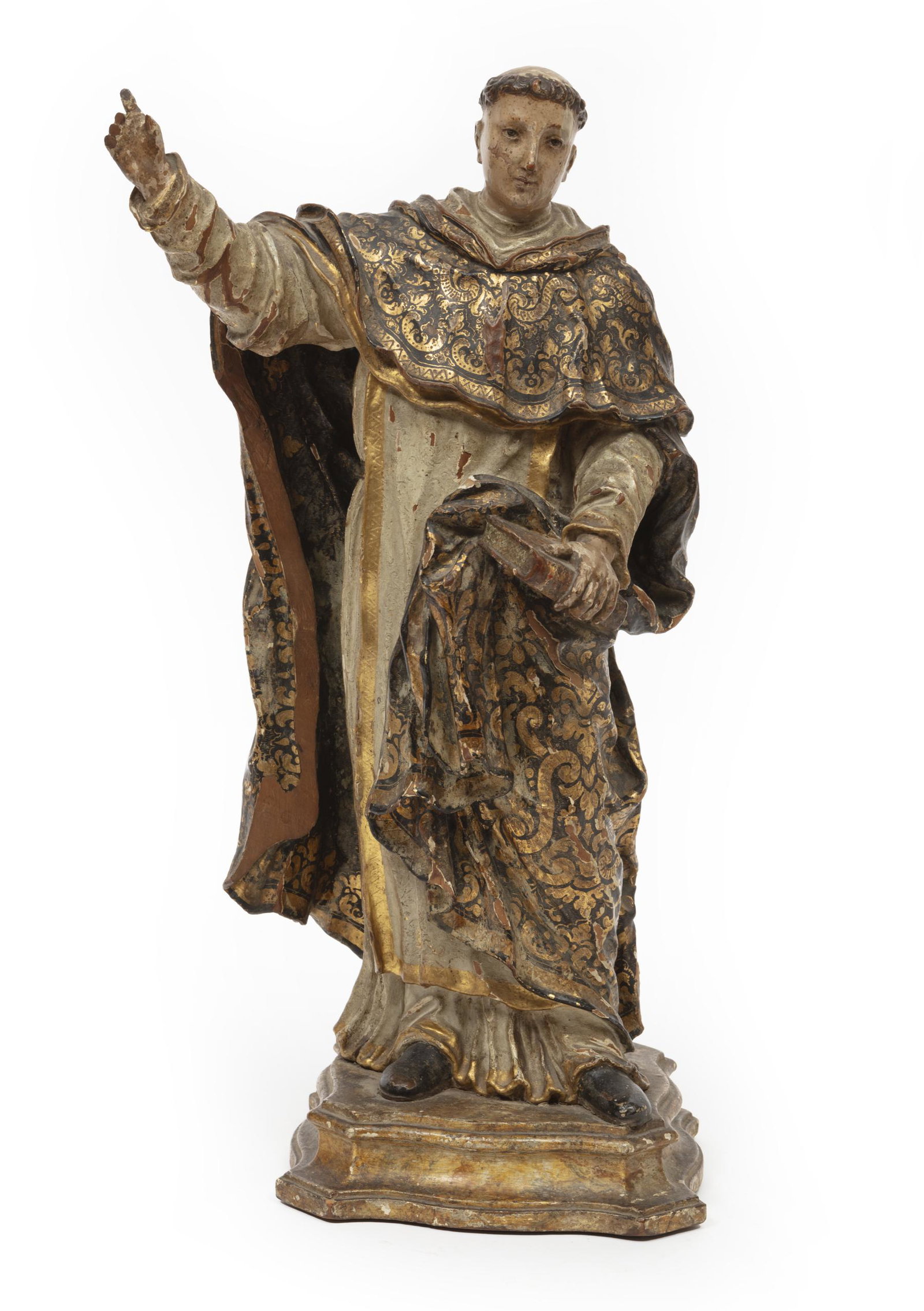 Carved and Painted Wood Santo Figure: Antique Carved and Painted Wood Santo Figure, modeled standing, wearing a cloth around the waist and bearing a stigmata, wood plinth, h. 26 3/4 in., w. 9 1/4 in., d. 11 3/4 in. Provenance: Estate of H