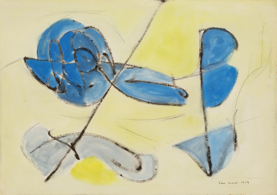 Cora Kelley Ward (American/Louisiana): Cora Kelley Ward (American/Louisiana, 1920-1989), "Composition in Yellow and Blue", 1959, watercolor and ink on paper, signed and dated lower right, 14 in. x 20 in., unframed. Condition: Overall good 