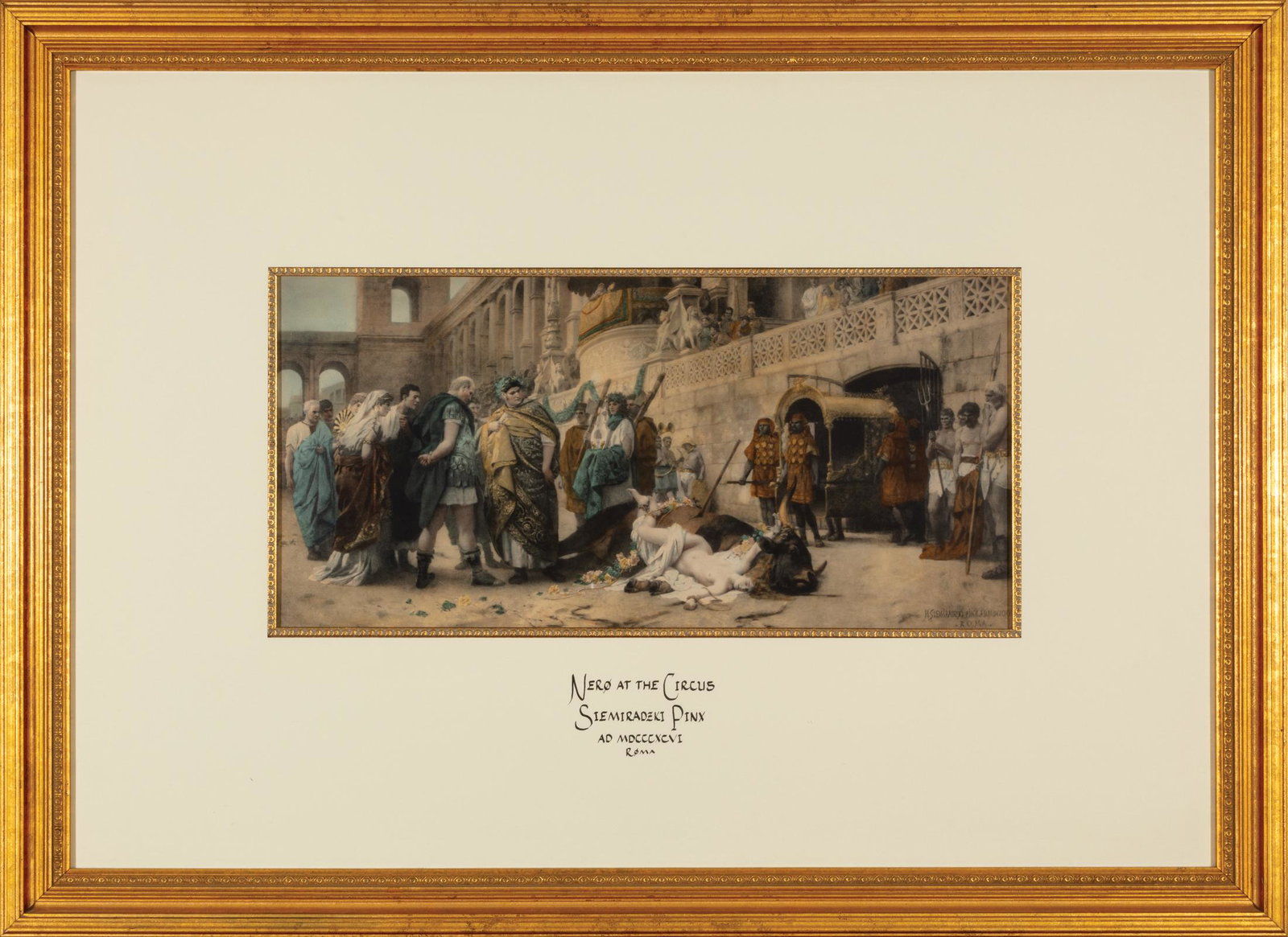After Henryk Hektor Siemiradzki (Polish/Italian): After Henryk Hektor Siemiradzki (Polish/Italian, 1843-1902), "Nero at the Circus", color lithograph, signed in plate, artist and title printed on mat, 15 9/16 in. x 26 in., framed. Provenance: Collect