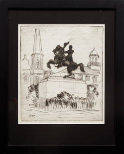 Ellsworth Woodward (American/Louisiana): Ellsworth Woodward (American/Louisiana, 1861-1939), "General Jackson", etching, initialed in plate, 9 3/8 in. x 8 1/8 in., framed. Provenance: Collection of Alexandra Stafford and Raymond Rathle, Meta