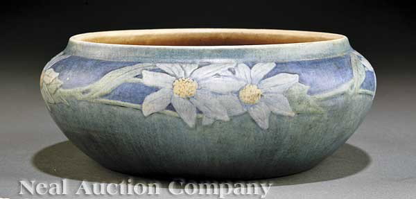 Newcomb College Art Pottery Matte Glaze Bowl: A Newcomb College Art Pottery Matte Glaze Bowl, 1914, decorated by Cynthia Pugh Littlejohn, with a wreath of daisies, base marked with Newcomb cipher, decorator's mark, Joseph Meyer's potter's mark, r