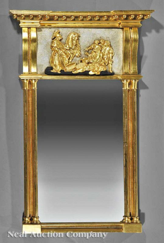 American Classical Carved Giltwood Pier Mirror: A Fine American Classical Carved Giltwood Pier Mirror, c. 1800-1815, probably Boston, blocked pediment with spherule drops, mica encrusted frieze with bas-relief scene of Alexander the Great confronti