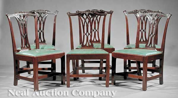 Six George III Carved Mahogany Dining Chairs: A Set of Six Antique George III Carved Mahogany Dining Chairs, serpentine acanthus-carved crest rail above pierced splat, trapezoidal slip seat raised on square molded legs, H stretchers