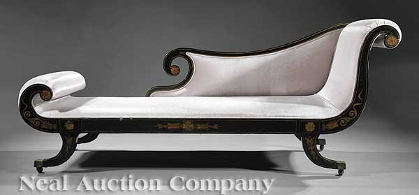 Regency-Style Ebonized and Gilt Grecian Sofa: An Antique Regency-Style Ebonized and Gilt Grecian Sofa, 19th c., scrolled back arms, straight seat rail, outswept saber legs ending in brass caps, casters, rosettes and bellflower motif, height 32 1/