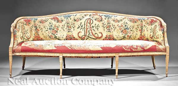 Directoire Carved and Painted Needlepoint Settee: A Directoire Carved and Painted Needlepoint Settee, early 19th c., gently sloping back, dentil molded seat rail, on tapering reeded legs, height 36 1/2 in., width 89 1/2 in., depth 34 in