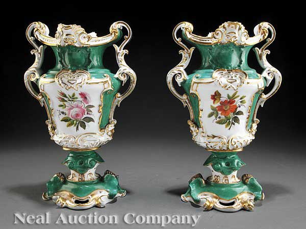 Paris Porcelain Polychrome Gilt Garniture Vases: A Pair of Paris Porcelain Polychrome and Gilt-Decorated Garniture Vases, mid-19th c., reserved with floral cartouches on an apple green ground with gilt highlights, foliate scroll arms, height 15 1/2 