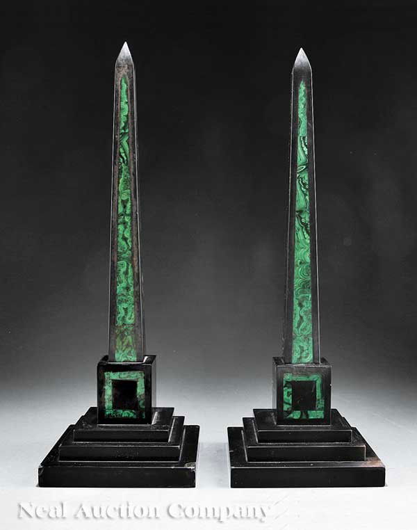 Grand Tour Black Stone, Malachite Inlaid Obelisks: A Pair of Italian Grand Tour Polished Black Stone and Malachite Inlaid Obelisks, 19th c., set on triple stepped bases, height 23 1/4 in., width 8 in., depth 8 in