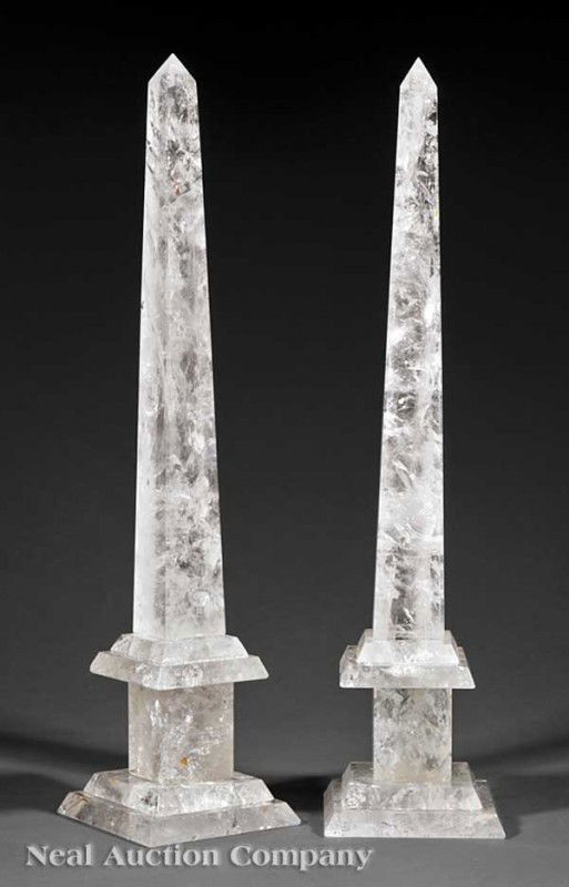 Pair of Rock Crystal Obelisks: A Pair of Rock Crystal Obelisks, on stepped plinth bases, height 17 1/2 in