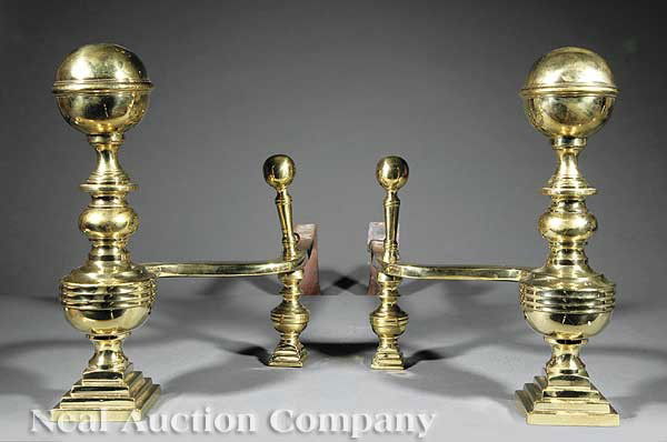 Polished Brass Andirons Stamped John Molineux: A Pair of American Classical Polished Brass Andirons, 19th c., stamped "John Molineux, Boston", having banded ball tops and turned standards on square stepped bases, height 16 in., width 10 in., depth