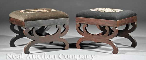American Classical Carved Mahogany Footstools: A Pair of American Classical Carved Mahogany Footstools, early 19th c., each with needlepoint seat, molded frame, curule supports, bulbous turned medial stretcher, height 14 in., width 18 in., depth 1