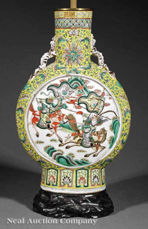 Chinese Famille Jaune Porcelain Moon Flask: A Chinese Famille Jaune Porcelain Moon Flask, late 19th/20th c., the circular body with recessed figural roundels, the sides, slightly splayed foot, and cylindrical neck with foliate scrolls and bats 