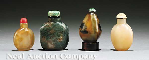 Four Chinese Agate and Agate Glass Snuff Bottles: A Group of Four Chinese Agate and Agate Glass Snuff Bottles, the first, shadow agate, of flattened globular form, stopper, height 2 1/4 in., the second, moss agate, of shouldered rectangular form with