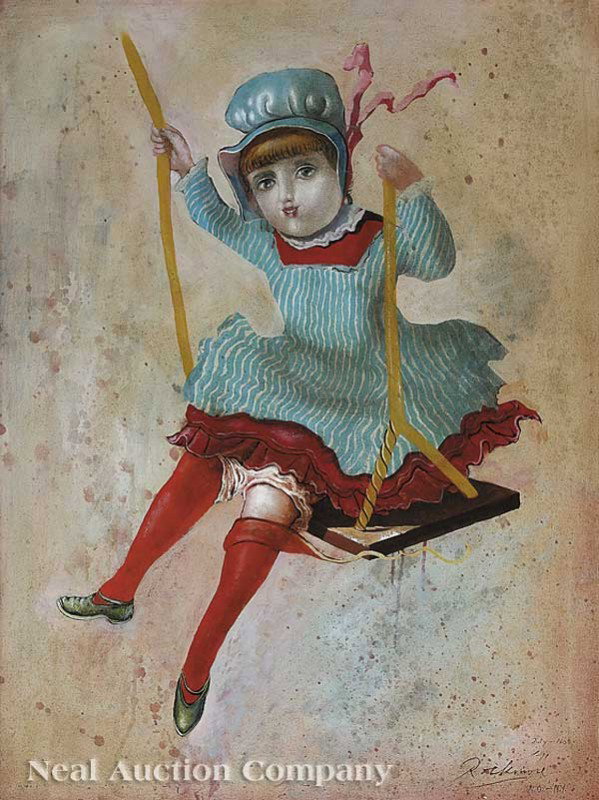 Noel Rockmore (American/New Orleans, 1928-1995): Noel Rockmore (American/New Orleans, 1928-1995), "Girl on Swing; Robin's World", 1971, oil on canvas, signed, dated and inscribed "N.O.-N.Y." lower right, titled en verso, 40 in. x 30 in., in a period