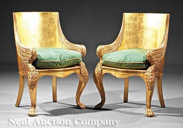 Pair of Empire-Style Carved and Gilded Bergeres: A Pair of Empire-Style Carved and Gilded Bergeres, barrel back, griffin-form cabriole legs