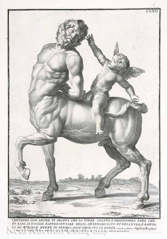 Three Italian Copperplate Engravings of Centaurs: A Group of Three Italian Copperplate Engravings of Centaurs, 1774, after Domenico de Rossi (Italian, 1659-1730), including plates LXXII, LXXIII, and LXXIV, from Paccolta de Statue Antiche e Moderne...
