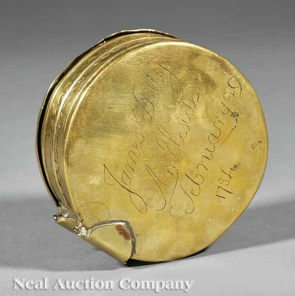 Revolutionary War Era Brass Tinderbox: A Revolutionary War Era Brass Tinderbox, engraved by owner "James Duty/ Ambleside/ February 29/ 1784", with two lids, containing flint, firesteel and charcloth, height 1 3/4 in. diameter 3 3/4 in