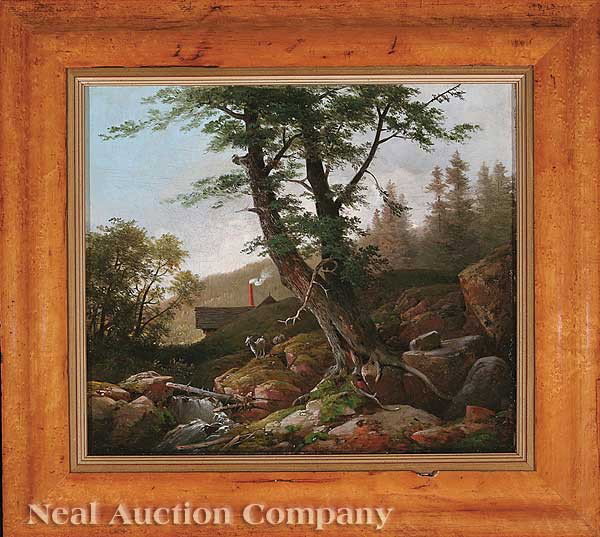 American School, 19th c: American School, 19th c., "Adirondacks", oil on canvas, unsigned, 11 7/8 in. x 14 in., in birdseye maple frame