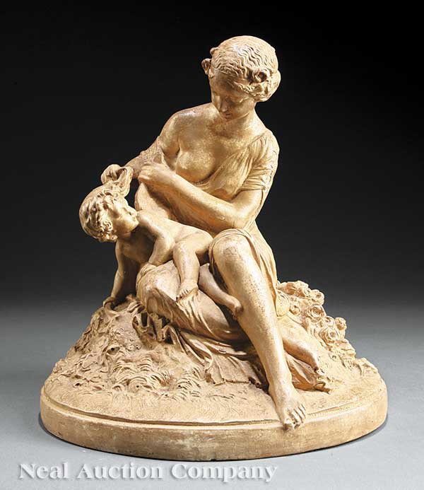 Italian Terracotta of Venus and Cupid: An Antique Italian Terracotta of Venus and Cupid, the Goddess of Love seated amidst rose blossoms, grooming the fidgeting Cupid, height 13 1/4 in., width 10 3/4 in., depth 10 in