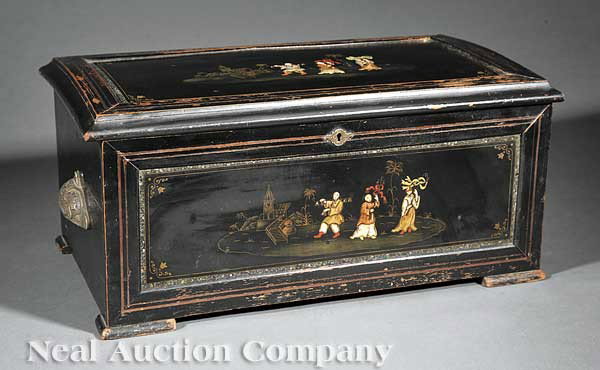 Swiss Cylinder and Bell Ten Aire Music Box: An Antique Swiss Cylinder and Bell Ten Aire Music Box, c. 1900, ebonized case with enameled chinoiserie decoration, mother-of-pearl borders, the works incorporating three bells with enameled butterfly