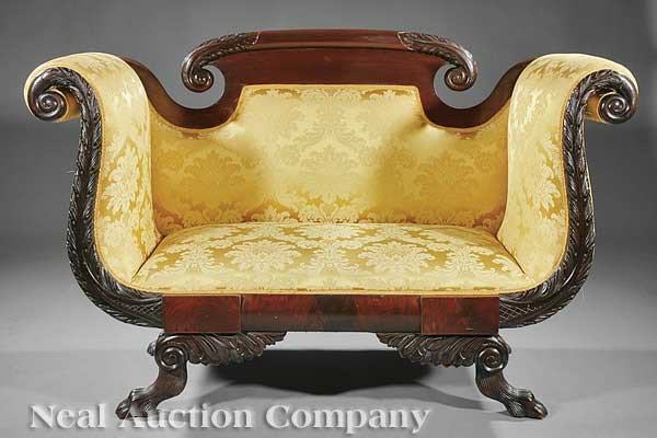 American Classical-Style Carved Mahogany Settee: An American Classical-Style Carved Mahogany Settee, 19th c., arched crest with acanthus scroll terminals, acanthus-carved scroll arms, blocked and shaped seat rail, winged paw feet, height 40 in., wid