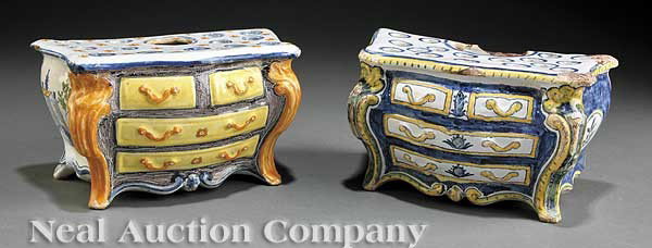 Two Continental Faience Bulb Pots: Two Continental Faience Bulb Pots, in the form of bombe commodes, each height 5 in., width 9 in., depth 4 1/2 in
