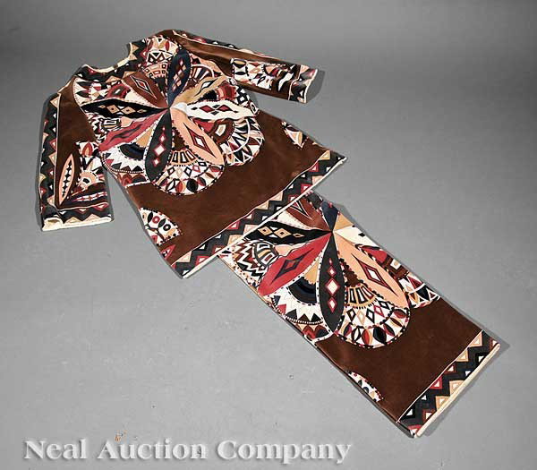 Two-Piece Velvet Pant Suit by Emilio Pucci: A Vintage Two-Piece Velvet Pant Suit by Emilio Pucci, Marchese di Barsento (Italian, 1914-1992), size 10, both pieces labeled, chocolate ground with Pucci geometric designs in black, beige, and burgun