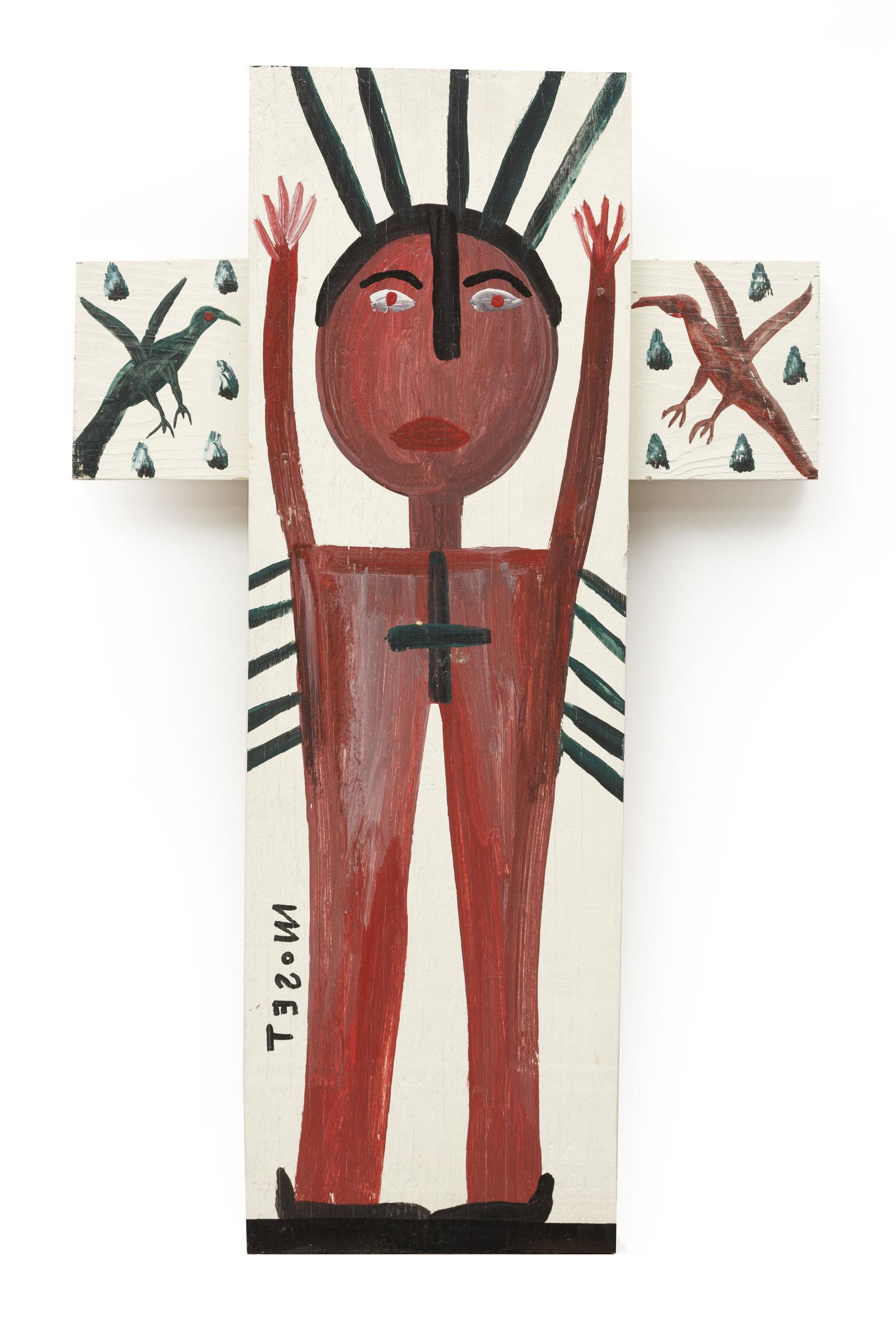 Mose Tolliver (American/Alabama, 1920-2006): Mose Tolliver (American/Alabama, 1920-2006), "Jesus on the Cross with Birds", oil on shaped panel, signed lower left, 24 1/4 in. x 15 in., unframed. Provenance: Collection of Janice and Jim Herblin, N