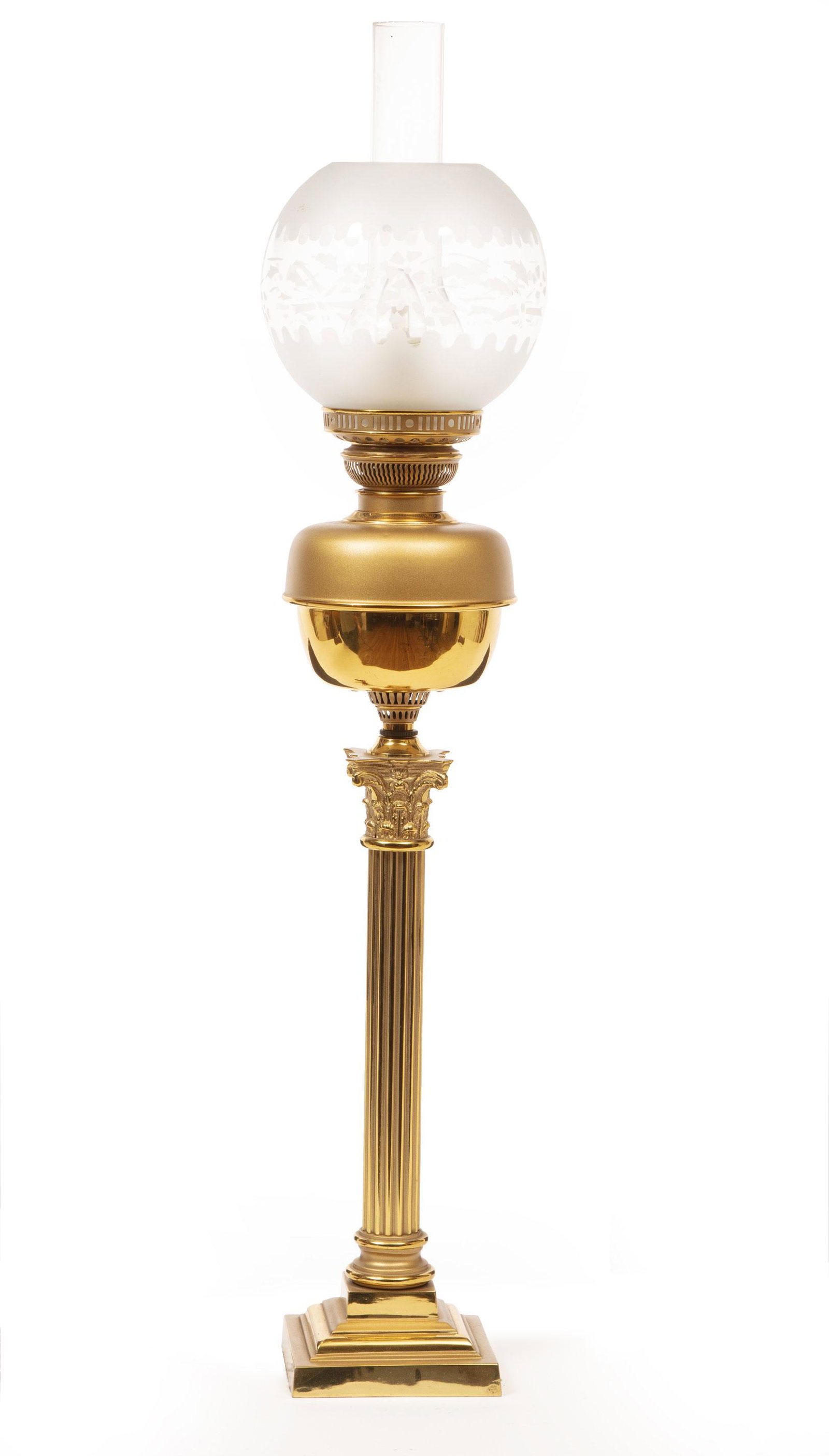 Brass Corinthian Columnar Oil Lamp: Antique Brass Corinthian Columnar Oil Lamp, now electrified, frosted and cut shade, h. 35 in., dia. 7 in.