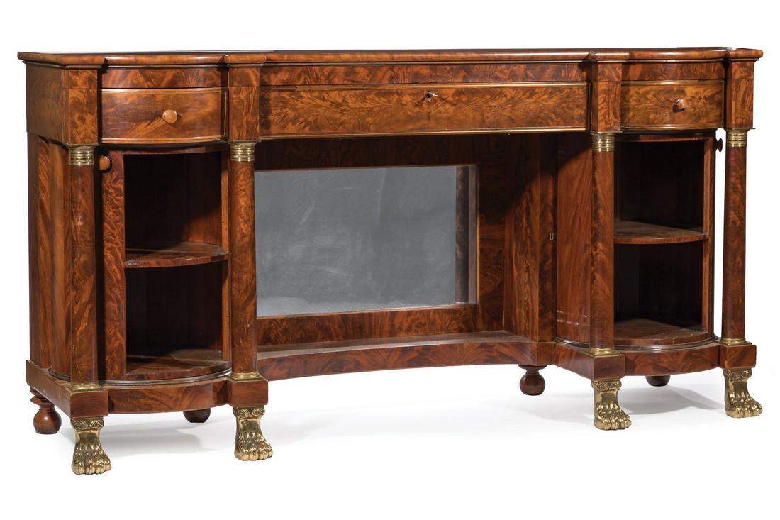 American Classical Mahogany Sideboard: American Classical Brass Inlaid and Bronze-Mounted Mahogany Sideboard, early 19th c., School of Duncan Phyfe, New York, blocked, molded top, conforming case, central fall-front compartment enclosing s