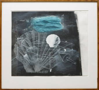 Vernon Fisher (American/Texas, b. 1943): Vernon Fisher (American/Texas, b. 1943), "Untitled: Shells", 1990, mixed media on paper, signed and dated lower right, 22 in. x 25 7/8 in., framed.