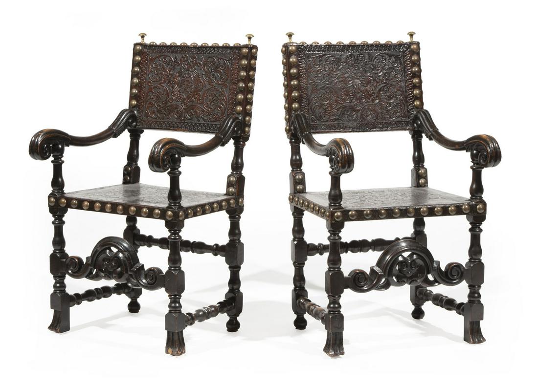 Iberian Walnut and Tooled Leather Armchairs (1 of 4)