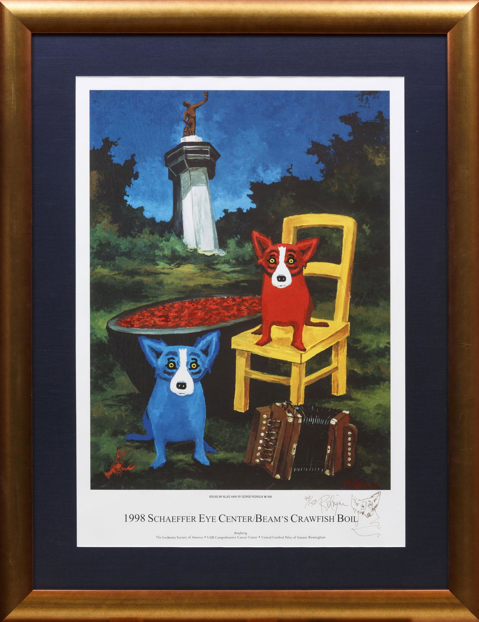 George Rodrigue (American/Louisiana, 1944-2013): George Rodrigue (American/Louisiana, 1944-2013), "Boiling My Blues Away", 1998, silkscreen, signed and numbered "49/150" and remarque lower right, signed in plate, sheet 32 3/4 in. x 23 in., framed. I