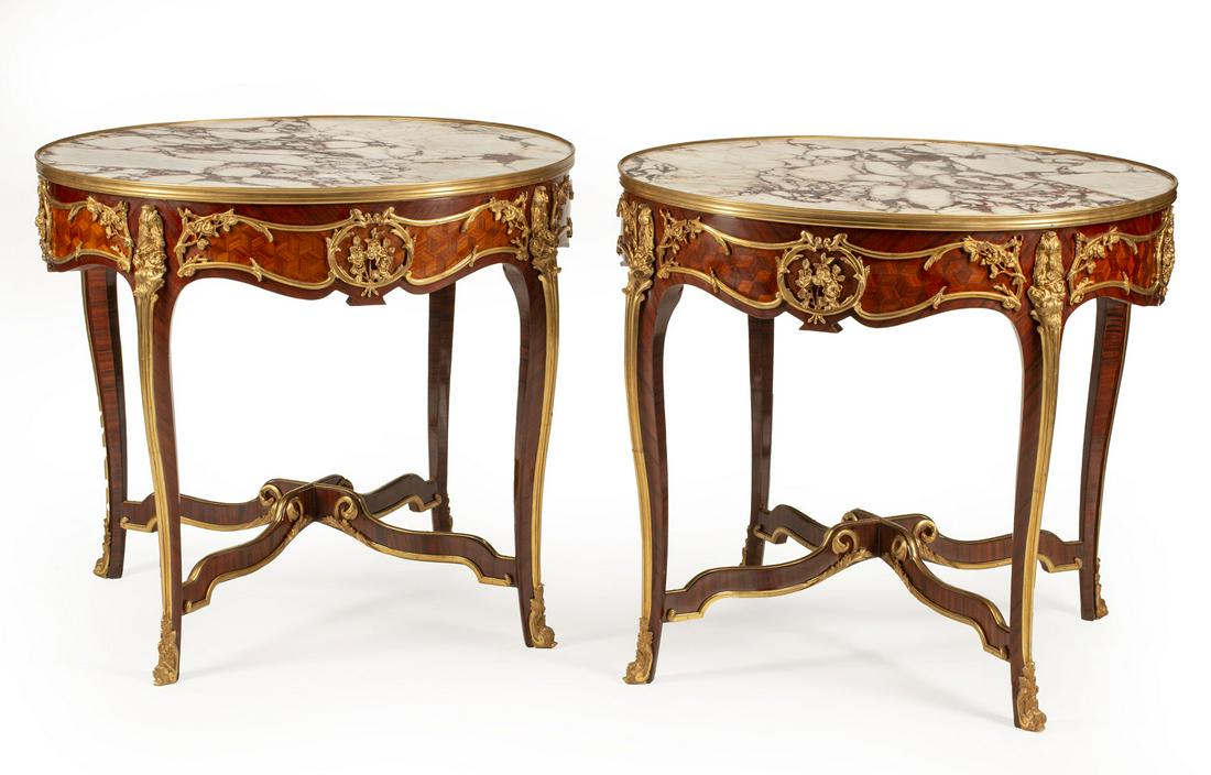 Louis XV-Style Kingwood Gueridons: Pair of Louis XV-Style Bronze-Mounted Kingwood and Parquetry Gueridons, inset variegated marble top, shaped apron with floral mounts, cabriole legs, serpentine stretcher, sabots, h. 30 in., dia. 34 in