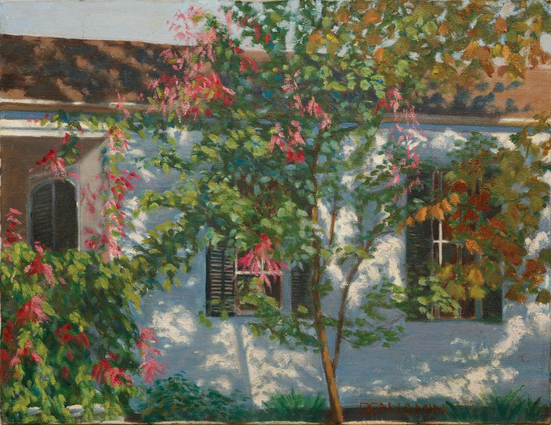 Tony Benjamin (American/Louisiana, 20th c.): Tony Benjamin (American/Louisiana, 20th c.), "Pink Crepe Myrtle Tree Beside House", oil on canvas, signed lower right, 14 in. x 18 in., unframed. Provenance: Estate of Highly Acclaimed New Orleans Art