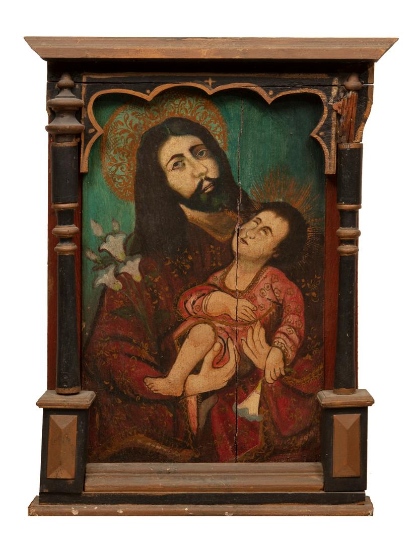 Continental School, 19th c: Continental School, 19th c., "Joseph Holding Christ Child", oil on panel, unsigned, sight 27 in. x 17 1/4 in., in architectural frame. Provenance: Estate of Highly Acclaimed New Orleans Artist, Furnit