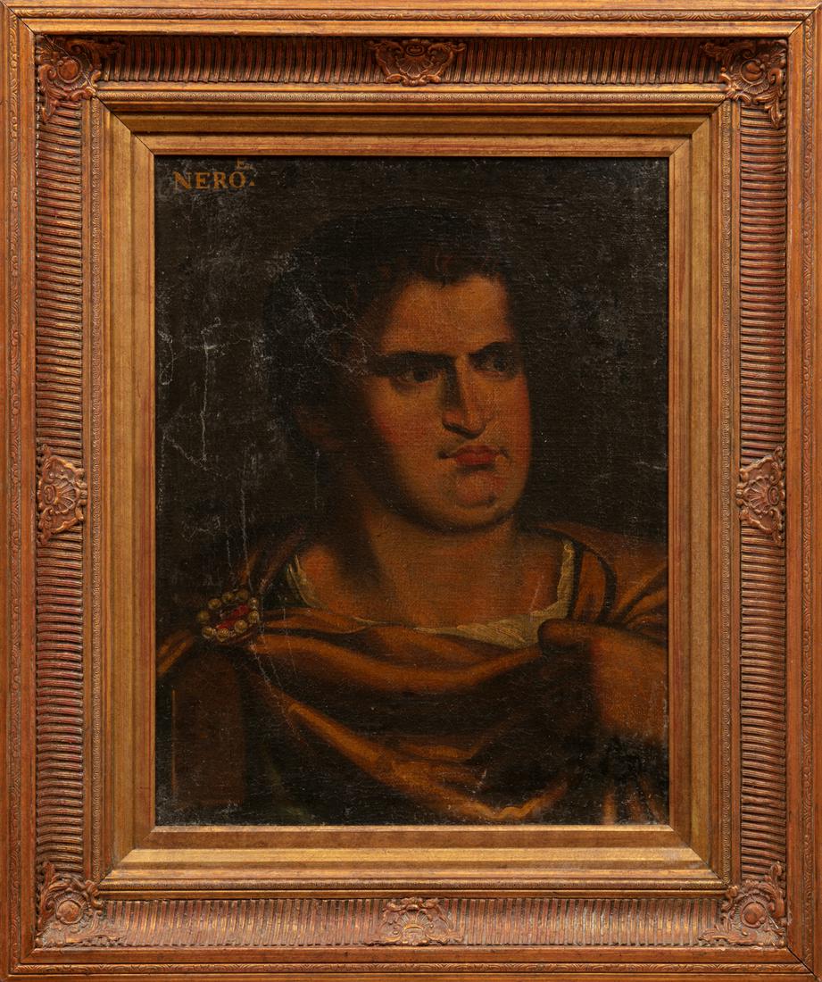 After Bernardino Campi (Italian, 1522-1591): After Bernardino Campi (Italian, 1522-1591), "Emperor Nero", oil on canvas, unsigned, titled upper left, 28 in. x 22 in., framed. Provenance: Estate of Highly Acclaimed New Orleans Artist, Furniture M