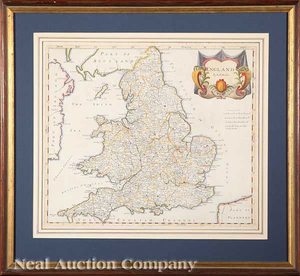 Robert Morden (English, 1650-1703): Robert Morden (English, 1650-1703), "England", 1695, hand-colored engraved copperplate map, from Camden's Britannia, sight 15 in. x 17 in. attractively matted and framed