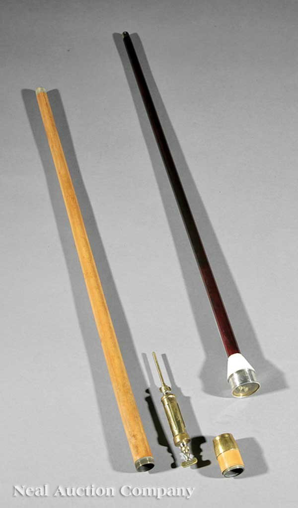 Two English Gadget Canes: Two Antique English Gadget Canes, 19th c., including an ivory and silver tap dice cane, and a veterinary cane enclosing a syringe