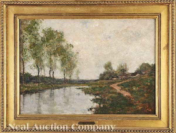 Max Weyl (American, 1837-1914): Max Weyl (American, 1837-1914), "Village by the Pond", oil on canvas, signed lower right, 15 in. x 20 3/4 in., attractively framed
