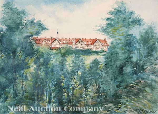 John Henry Frederick Bacon (British, 1865-1914): John Henry Frederick Bacon (British, 1865-1914), "An English Country Estate", watercolor on paper, signed lower right, sight 9 3/4 in. x 13 1/2 in., matted and framed