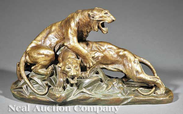 French Patinated Bronze of "Fighting Bengals": An Antique French Patinated Bronze of "Fighting Bengals", after Edouard Drouot (French, 1859-1945), cast signature, foundry mark at edge of base, height 10 3/4 in., width 19 in., depth 8 1/2 in