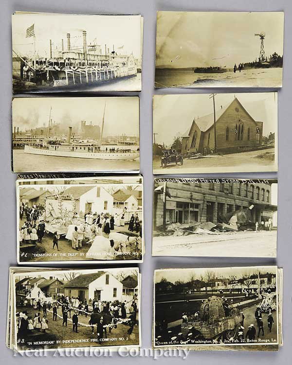 Louisiana Silver Gelatin Print Postcards: A Collection of Forty-three Antique Louisiana Silver Gelatin Print Postcards, including an L.S.U. Football Game, Baton Rouge parade views, images of storm damage, images of the Holy Cross Pilot House 