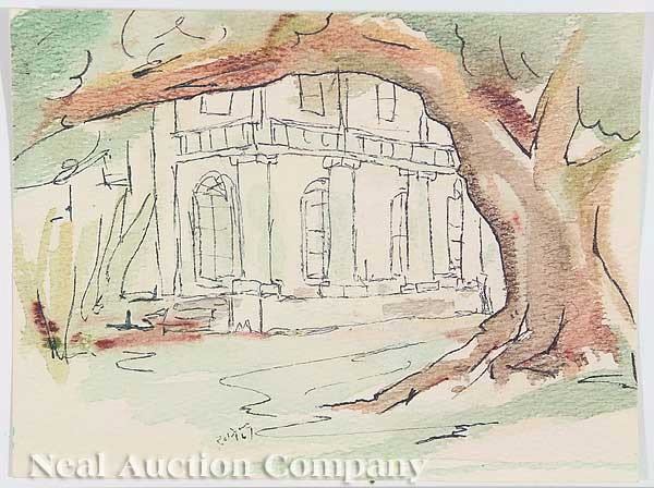 George Rodrigue (American/Louisiana, b. 1944): George Rodrigue (American/Louisiana, b. 1944), "Live Oak Tree and Cabin", and "Live Oak Tree with a Plantation House", watercolors on paper, signed lower right and lower center respectively, each 5 in