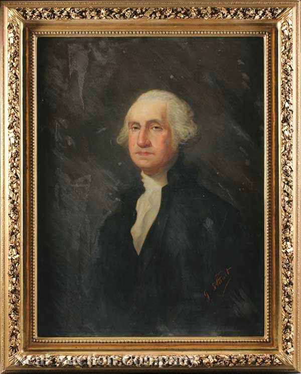 French School, 19th c: French School, 19th c., "George Washington", oil on canvas, after Gilbert Stuart (American, 1755-1828), inscribed "d'apres G. Stuart" lower right, illegibly stamped and inscribed en verso, 54 1/4 in.
