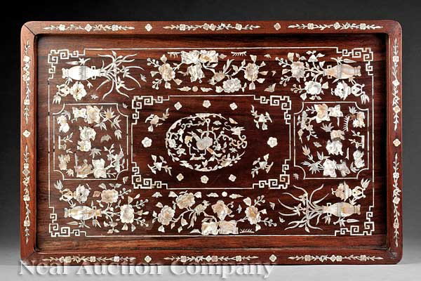 Chinese Mother-of-Pearl Inlaid Hardwood Tray: A Chinese Mother-of-Pearl Inlaid Hardwood Serving Tray, rectangular form, inlaid with precious objects and Buddhist emblems, the rim with flowering prunus branches, height 1 in., width 24 3/4 in., dep