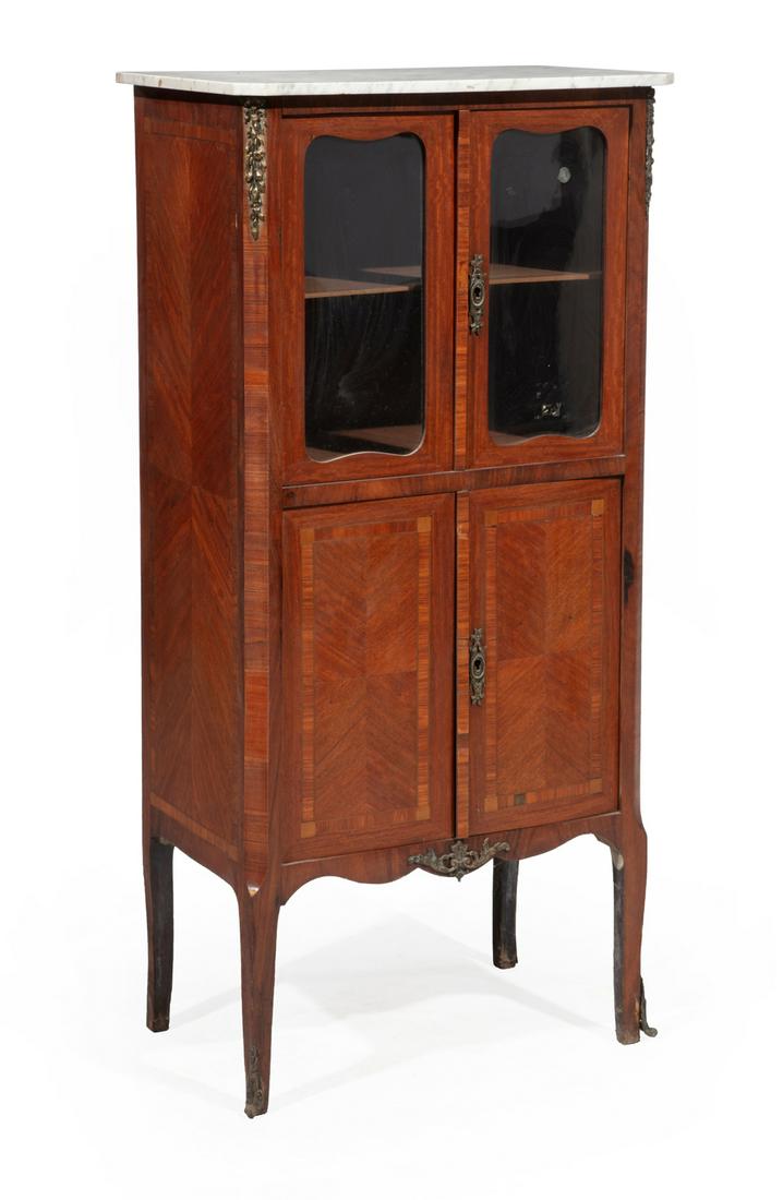 Bronze-Mounted Inlaid Kingwood Vitrine: Louis XVI-Style Bronze-Mounted Inlaid Kingwood Vitrine, 20th c., marble top, cartouche glass doors, lower cabinet doors, chamfered corners, sabots, h. 49 1/2 in., w. 24 in., d. 15 in.