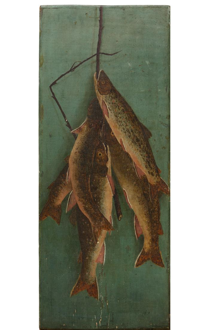 Attributed to Clarence E. Braley (American): Attributed to Clarence E. Braley (American, 1854-1927), "Nature Morte: The Day's Catch", oil on panel, unsigned, inscribed en verso, 20 5/8 in. x 8 3/8 in., unframed. Condition: Overall fair condition