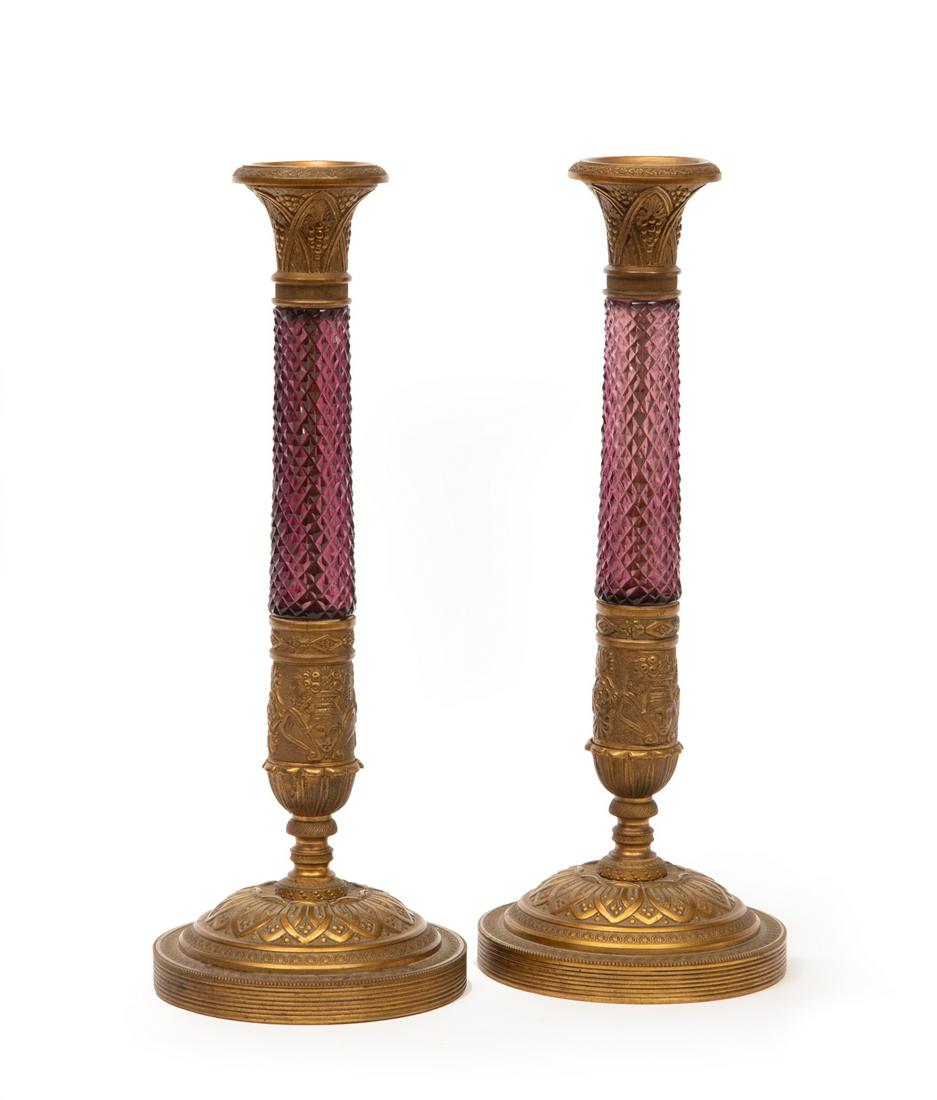 American Brass and Amethyst Glass Candlesticks (1 of 2)