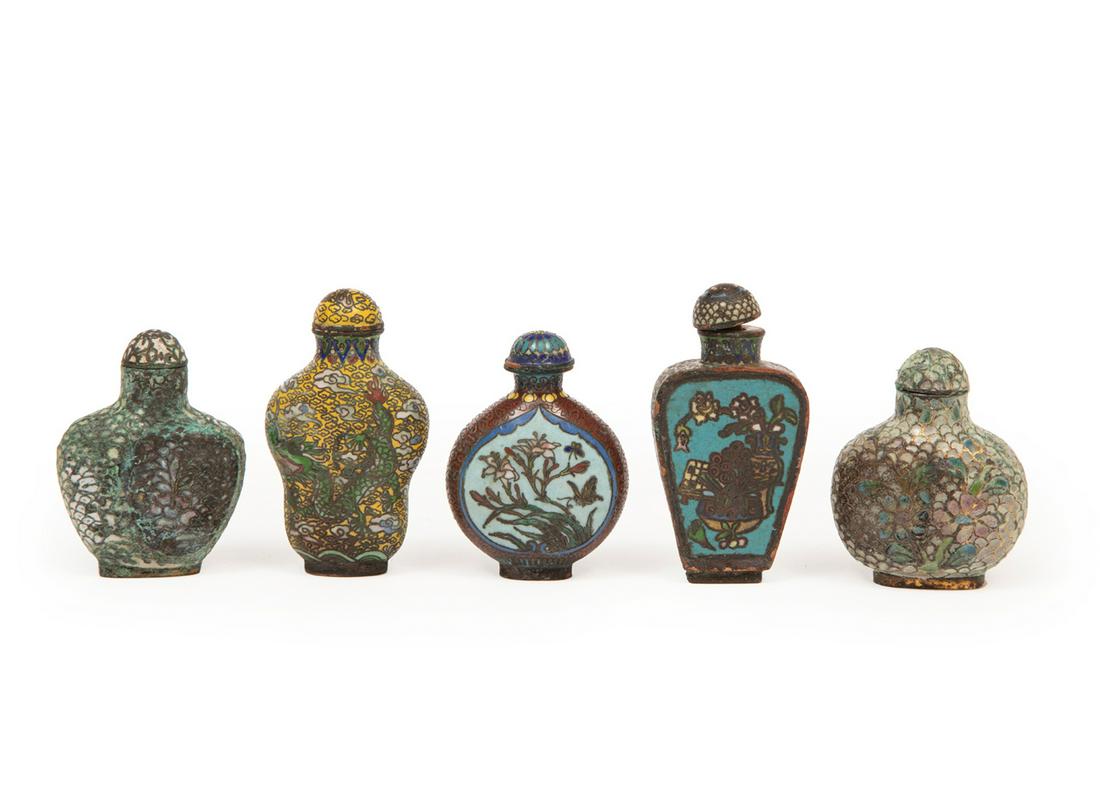 Five Chinese Cloisonne Enamel Snuff Bottles (1 of 3)