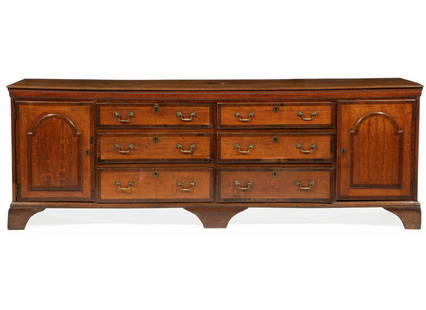 William and Mary Banded Oak Dresser Base: William and Mary Banded Oak Dresser Base, c. 1760, plank top, bank of six drawers flanked by arched paneled cabinet doors, bracketed base, h. 32 in., w. 91 in., d. 20 1/2 in.